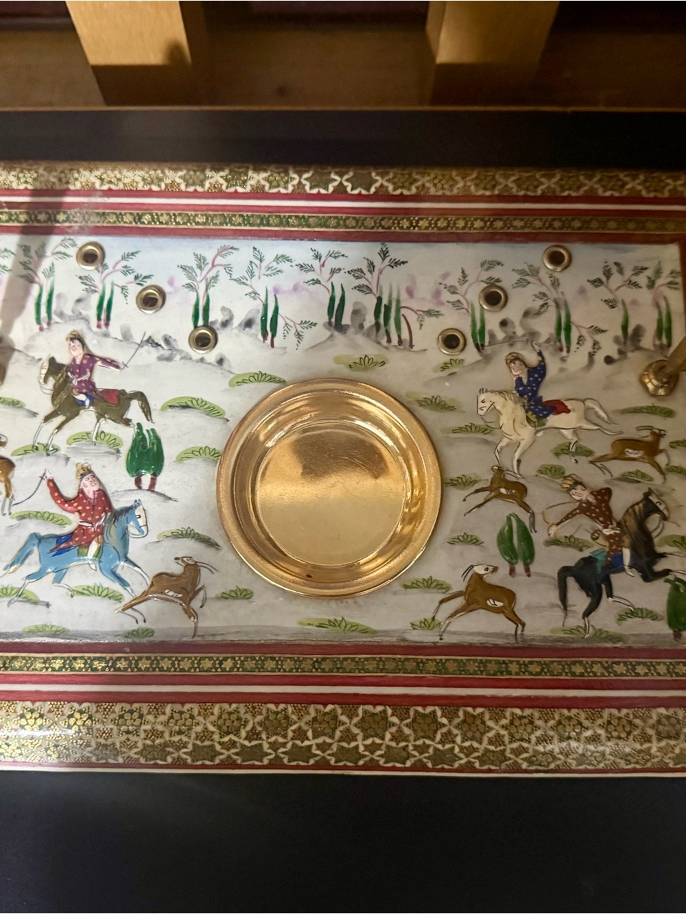 Vintage Persian Khatam Desk Organizer Set - Painting Inkwell Pen Holder